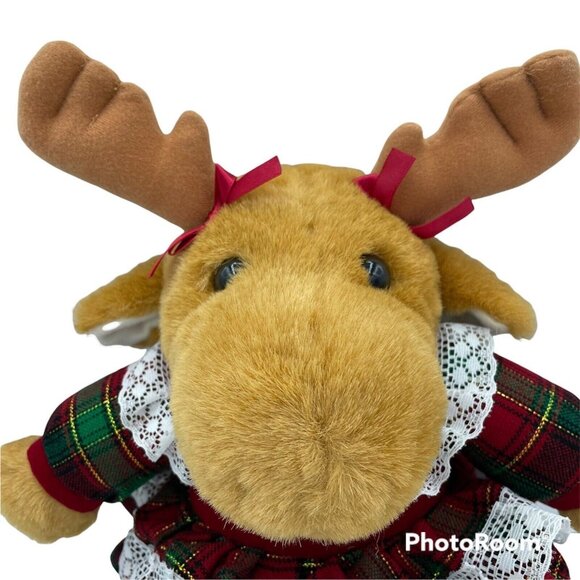 Christmas Moose Plush Toy Red Green Plaid Dress Lace Trim Soft Cuddly - Picture 3 of 4